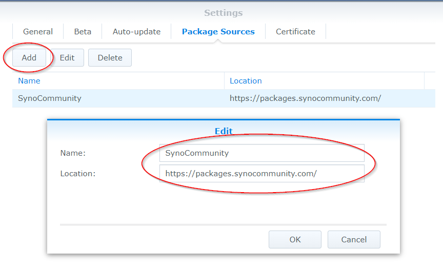 Synology Add Package Sources