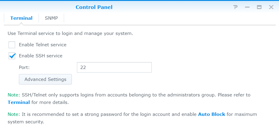 Synology Enable SSH service