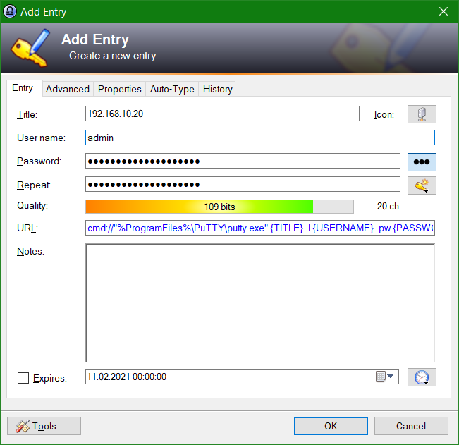 KeePass URL beginnt dabei mit dem Präfix cmd: