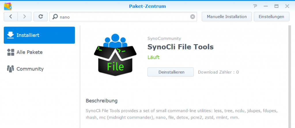 Synocli File Tools mit Nano Editor im Synology NAS Installieren