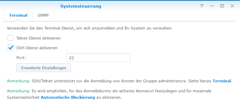 synology systemsteuerung ssh-dienst