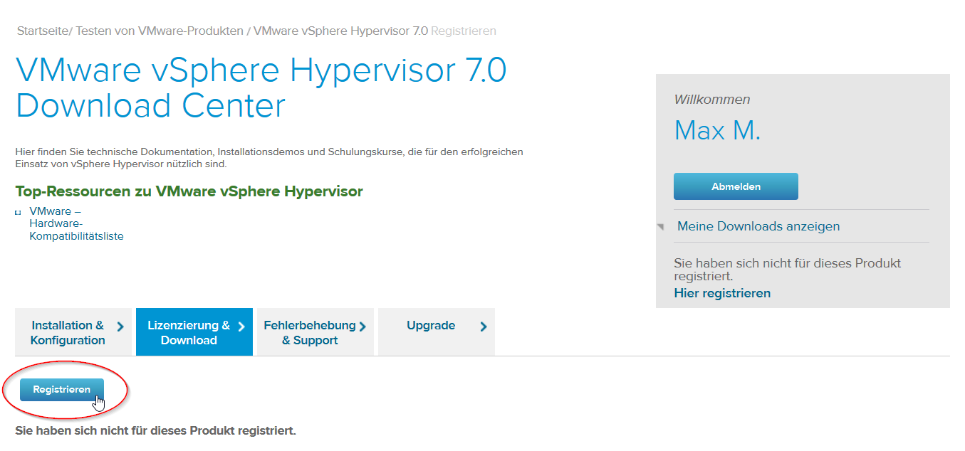 VMware vSphere Hypervisor Download Center Lizenzierung Registrieren