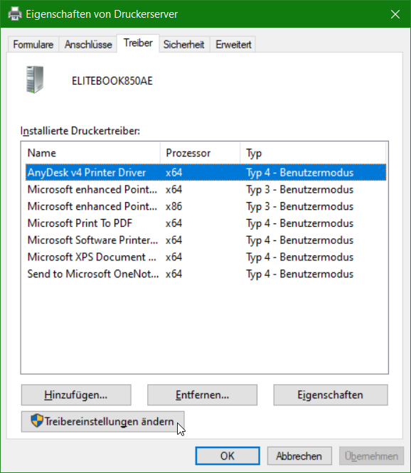 Eigenschaften von Druckerserver Abschnitt Treiber