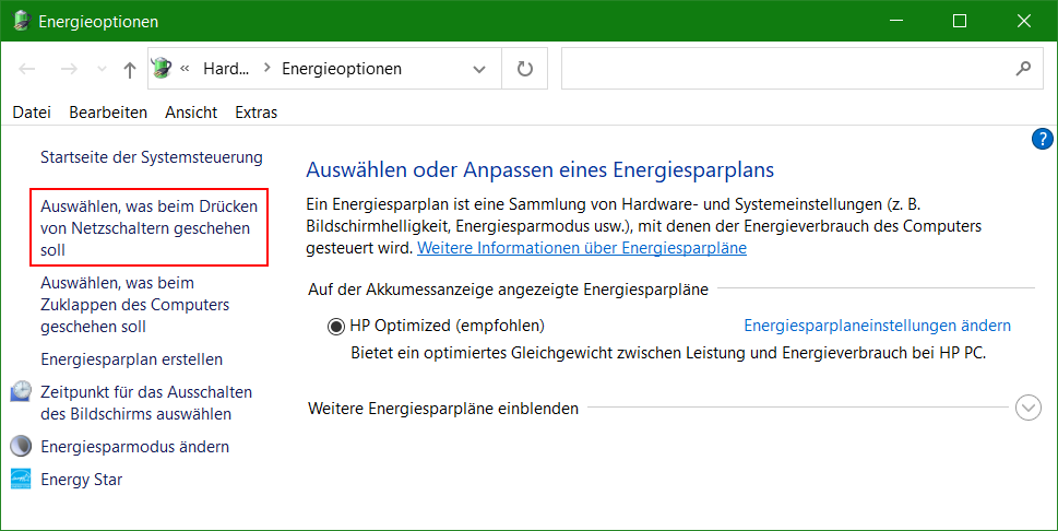 Windows 10 MMC-Console Energieoptionen