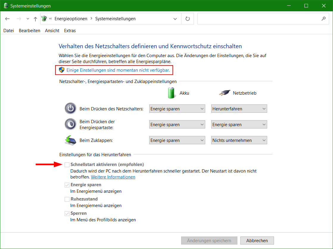 Systemeinstellungen Energieoptionen verhalten des Netzschalters