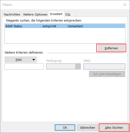Outlook Ordner Filtern in Statusleiste Filter angewendet deaktivieren