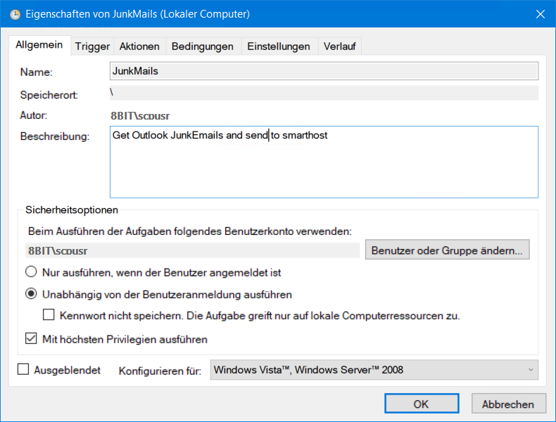 Exchange Server Aufgabenplanung Neue Aufgabe erstellen