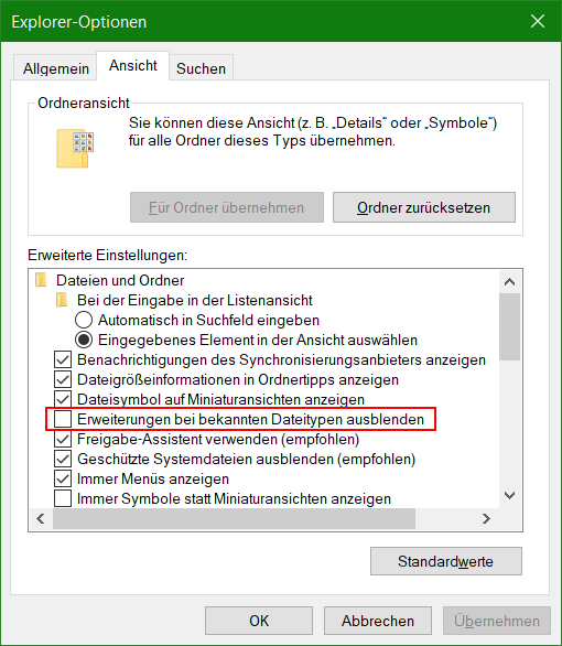 Explorer-Optionen - Versteckte Dateiendungen in Explorer anzeigen