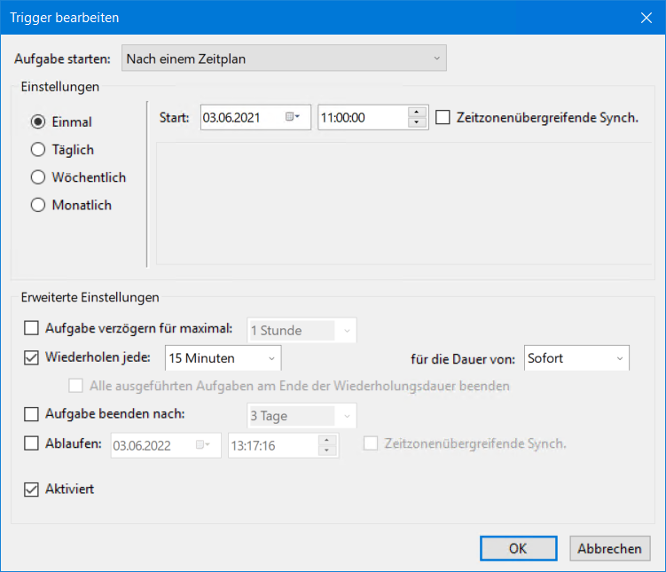 Aufgabenplanung Trigger bearbeiten