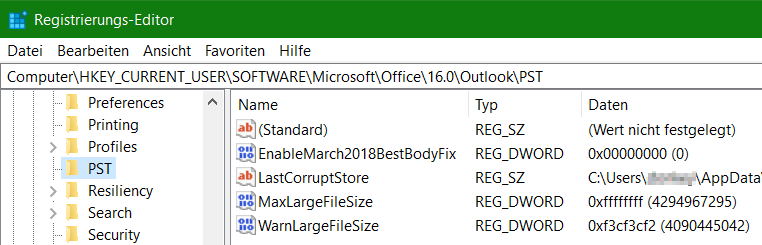 Outlook OST-Datei PST-Datei maximale Dateigröße Registry WarnLargeFileSize MaxLargeFileSize 
