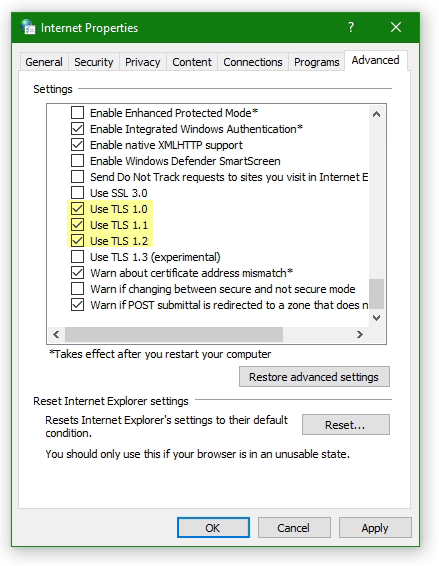 TLS FortiClient VPN connection, Internet Options Advanced