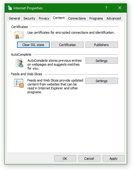 Internet Options Clear SSL state