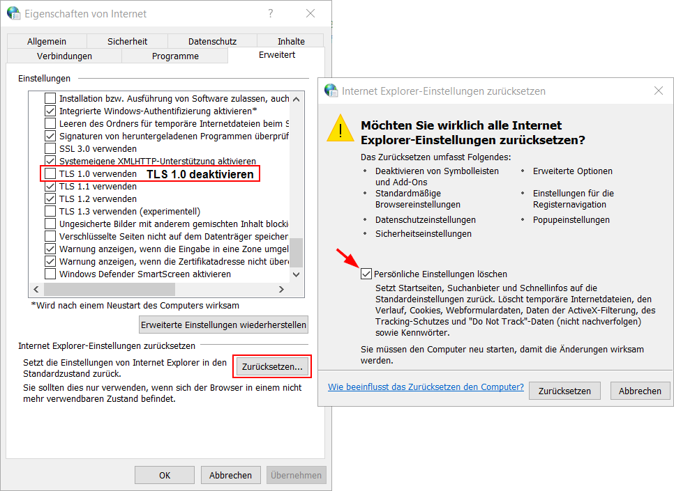Windows Systemsteuerung Netzwerk und Internet Einstellungen zuruecksetzen, Credential ssl-vpn