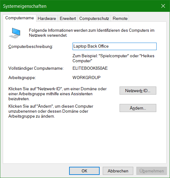 Bei Windows kann der Computername in der MMC-Konsole Systemeigenschaften vergeben werden