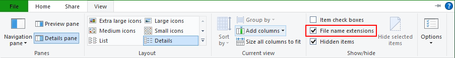 Windows File Explorer View File name extensions