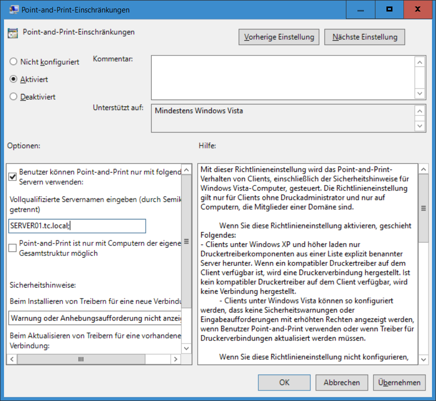 Gruppen­richtlinie Point-and-Print-Einschränkunge