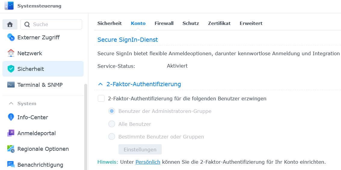 Synology DSM 7 Systemsteuerung - Sicherheit - Konto - Secure SignIn-Dienst