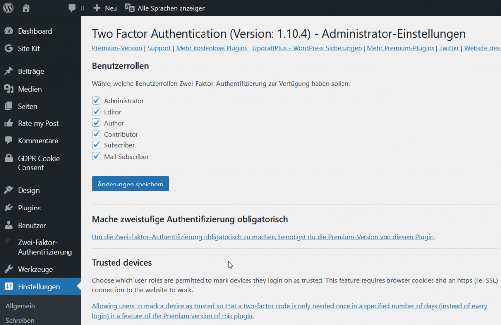 WordPress Plugin Two Factor Authentication Administrator-Einstellungen