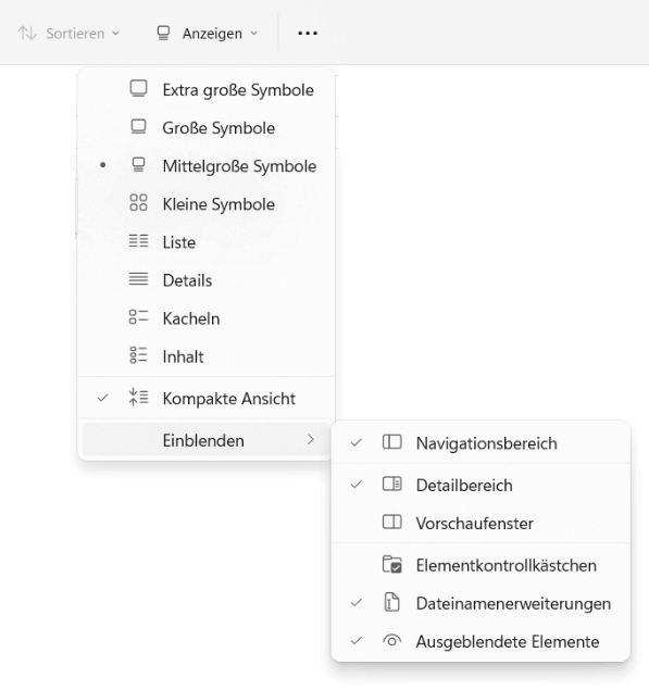 Die Windows 11 Taskleiste Einstellung für Dateinamenerweiterungen und Ausgeblendete Elemente ist nun über Anzeigen und Einblenden zu finden.