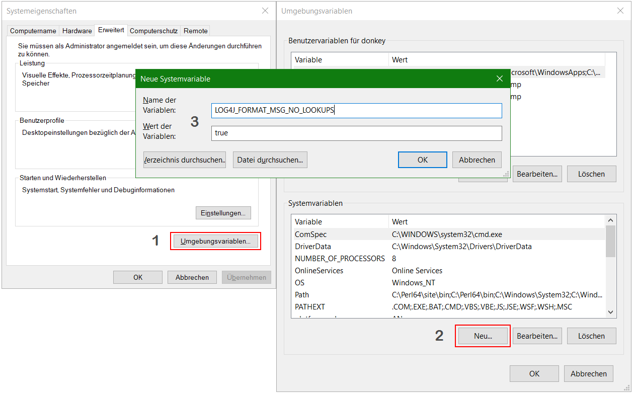 Die Umgebungsvariable LOG4J_FORMAT_MSG_NO_LOOKUPS="true" unter Systemvariablen hinzufügen.