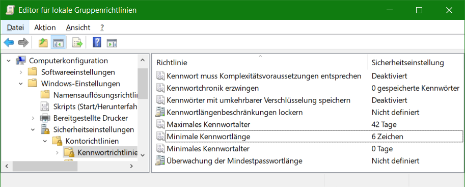lokale Gruppenrichtlinien Minimale Kennwortlaenge