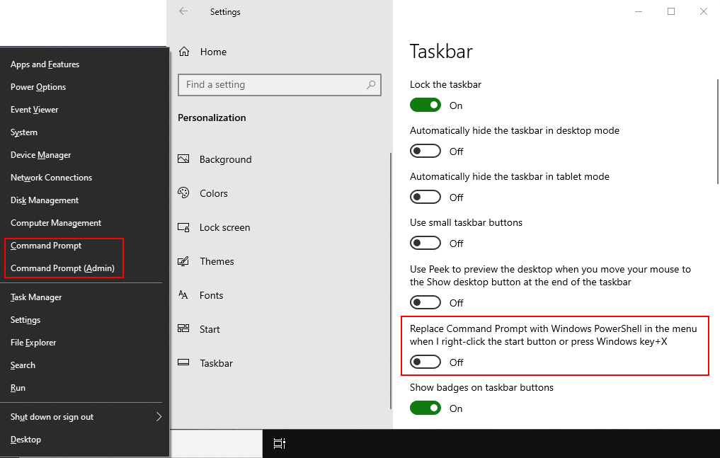 Replace Command Prompt here with Windows PowerShell in the menu when I right-click the start button or press Windows key+X.