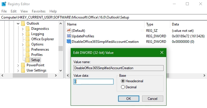 Open Registry Editor to create the Registry Key DisableOffice365SimplifiedAccountCreation.