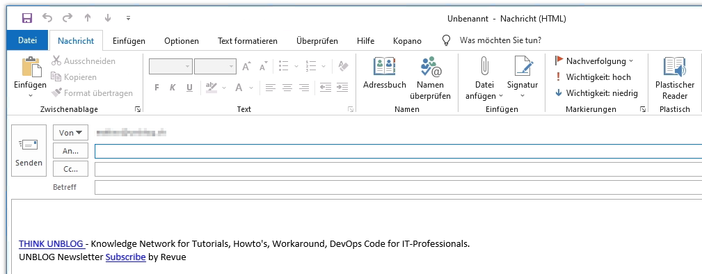 Die E-Mail Signatur wird in Outlook mit erstellen eines neuen Element (Ctrl+N) im Nachrichten Bereich eingefügt.