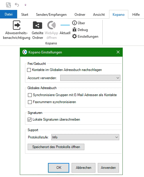 Kopano OL Extension Einstellungen Signaturen