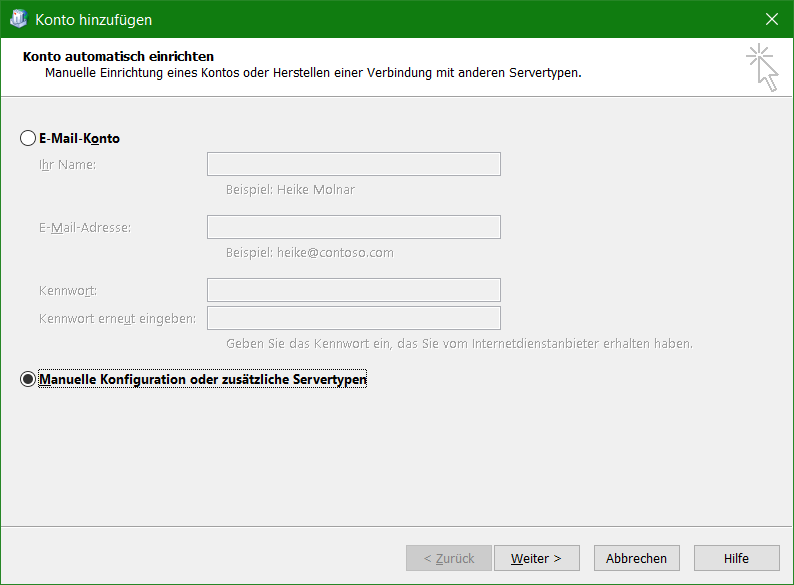 Outlook manuelle Konto Assistent Konfiguration