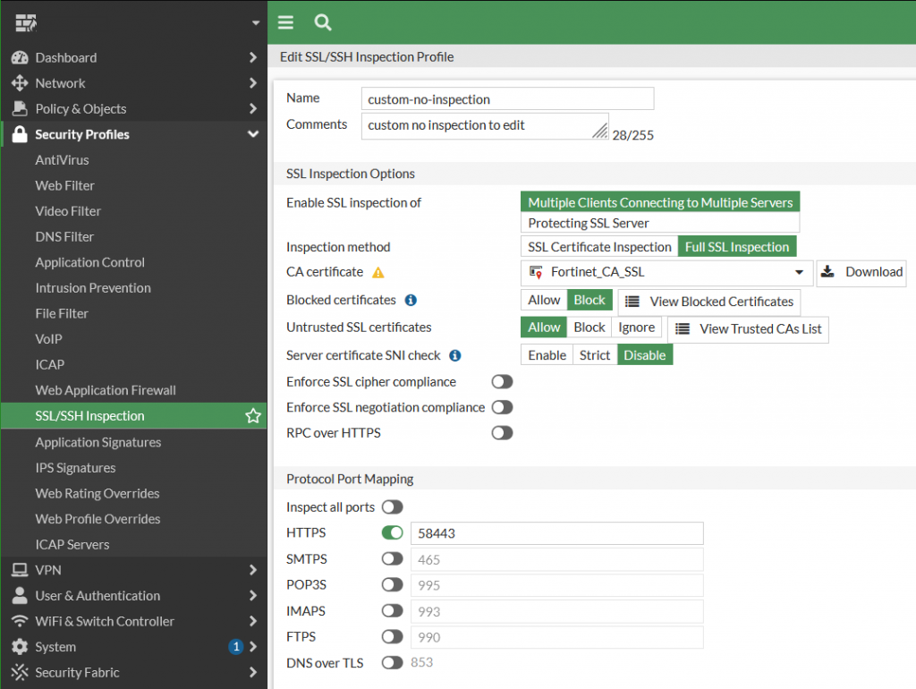 FortiGate SSL Inspection deaktivieren