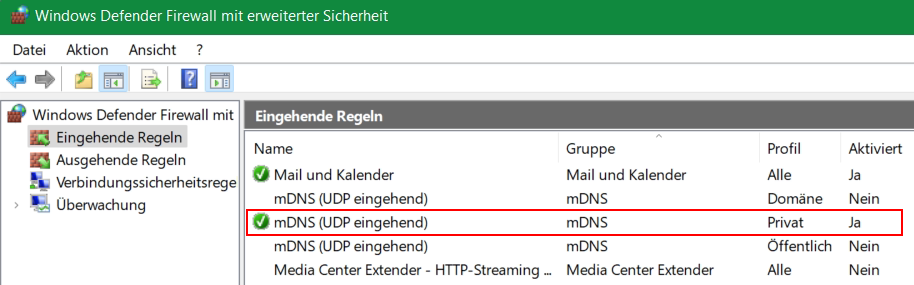 Windows Firewall Erweiterte Einstellungen mDNS UDP Eingehend