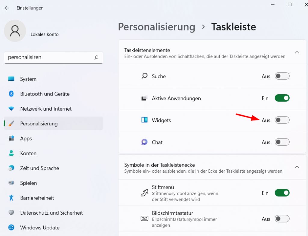 Windows 11 Personalisieren Widgets - Aus