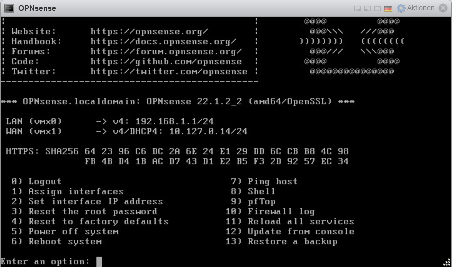 VMware ESXi vSphere Console OPNsense Hauptmenu 