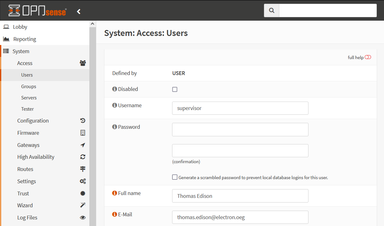 OPNsense Benutzer hinzufügen oder ändern