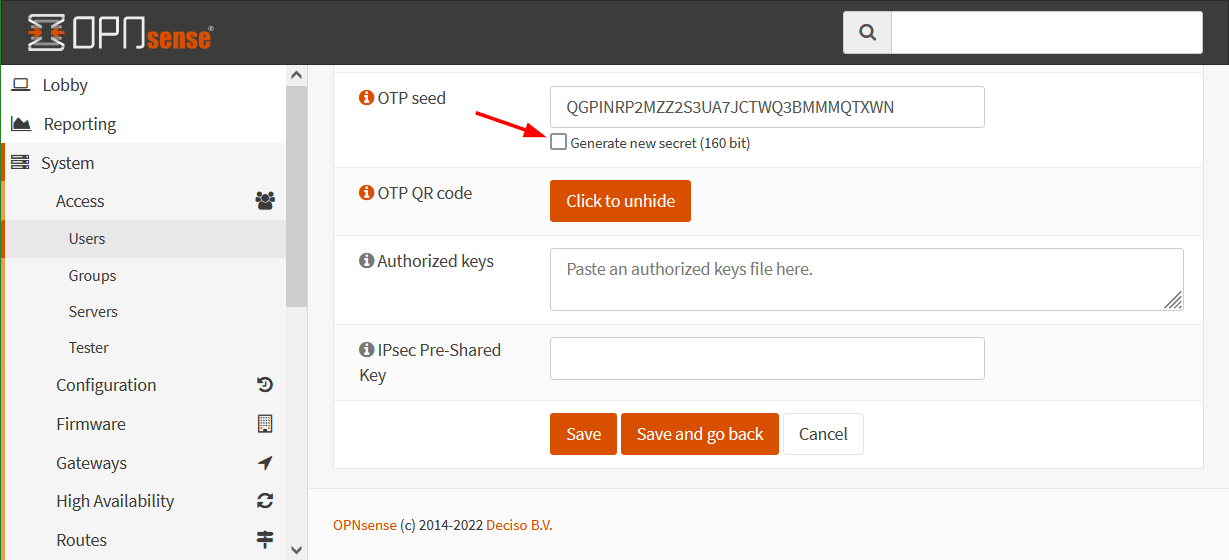 Generate new secret OPNsense System Access Users OTP-seed