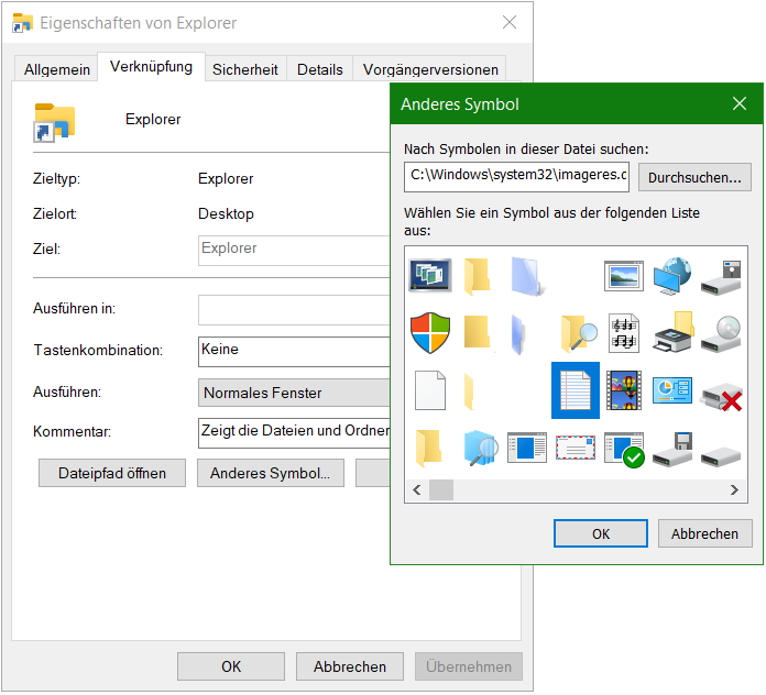 Datei-Icon Symbole für Verknüpfung finden