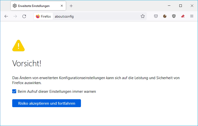 vSphere und vCenter Seite öffnet in Firefox nicht. about:config aufrufen.