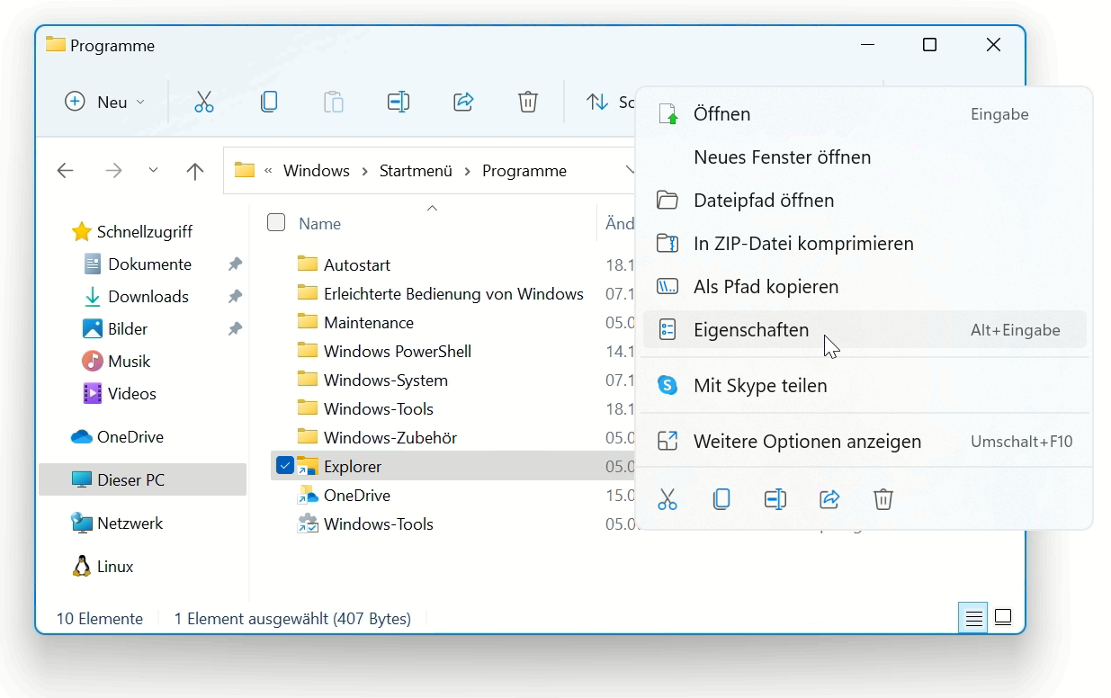 Datei-Icon für Verknüpfung in Windows 11 Explorer Eigenschaften