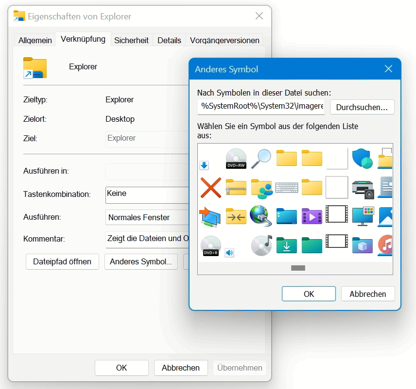 Datei-Icon Symbole für Verknüpfung durchsuchen