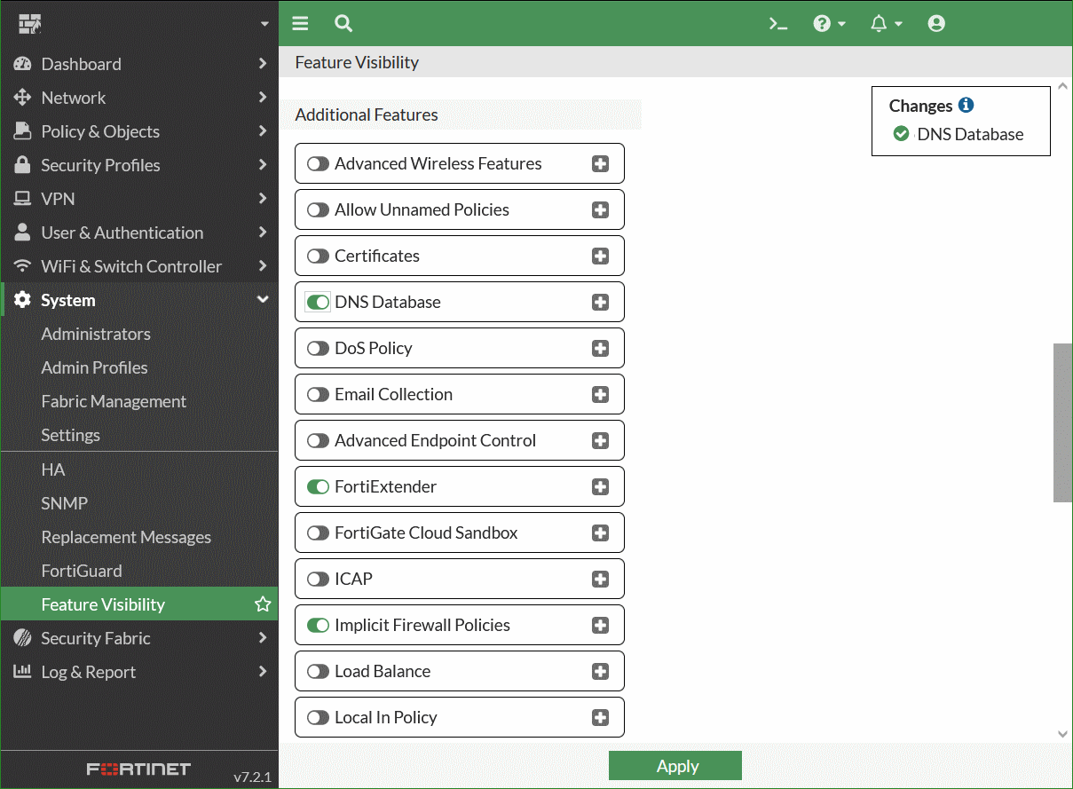 FortiGate Feature Visibility DNS Database, recursive DNS server