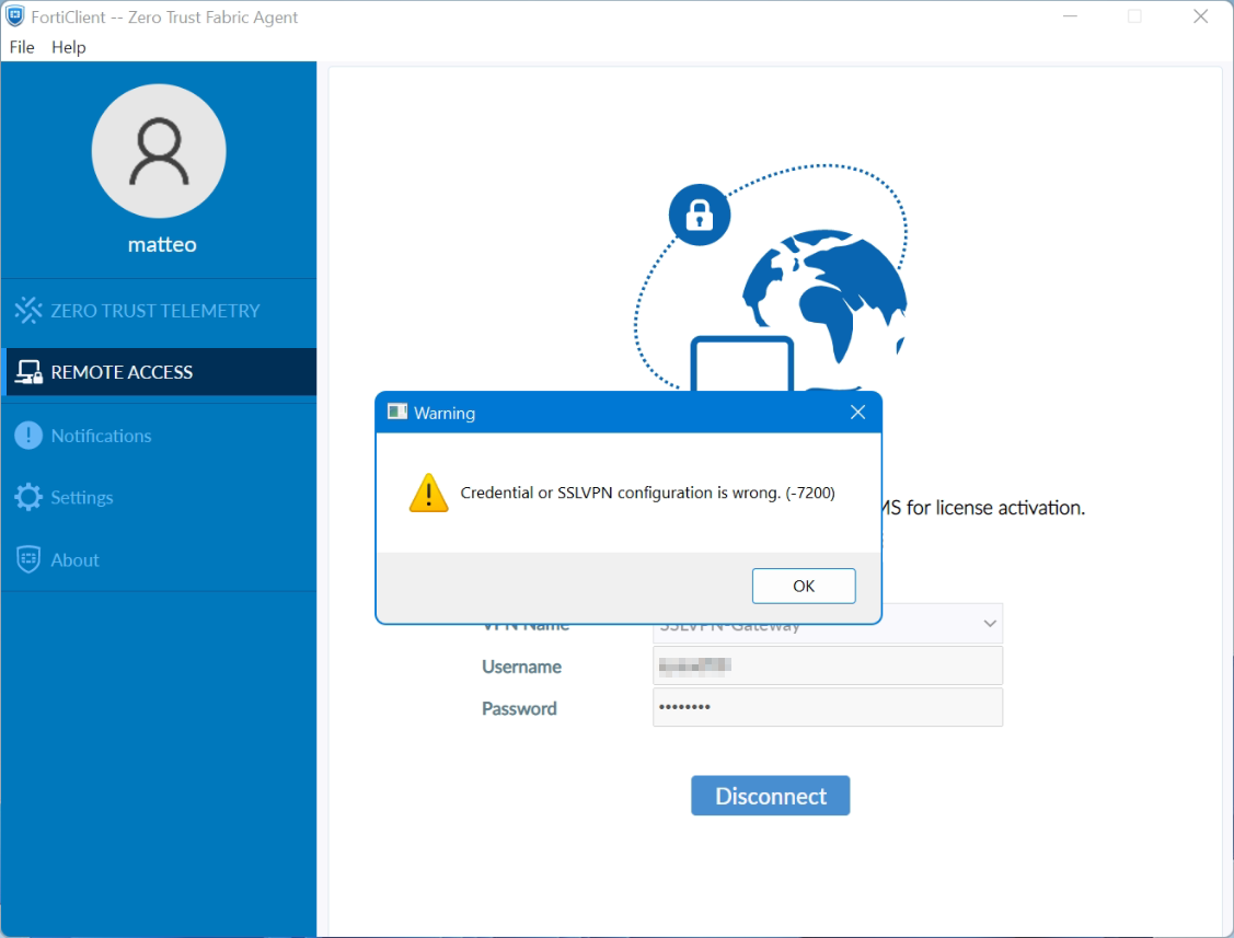 Credential or SSLVPN configuration is wrong. (-7200)