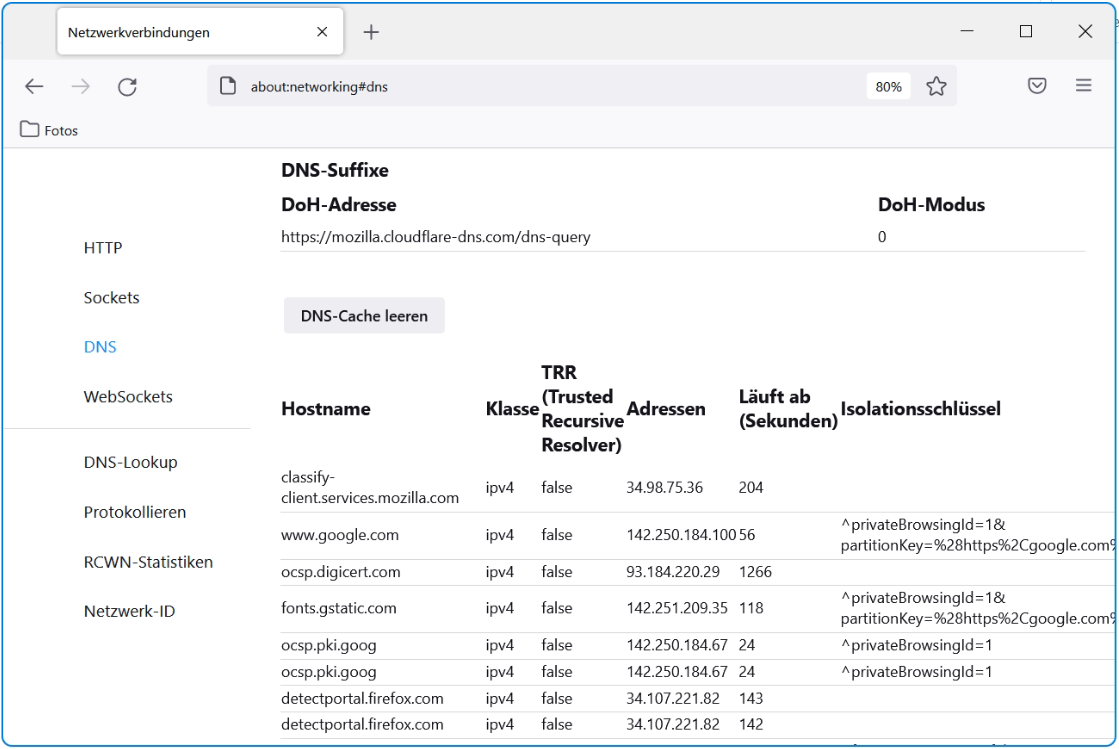 Mozilla Firefox lists entries in DNS cache
