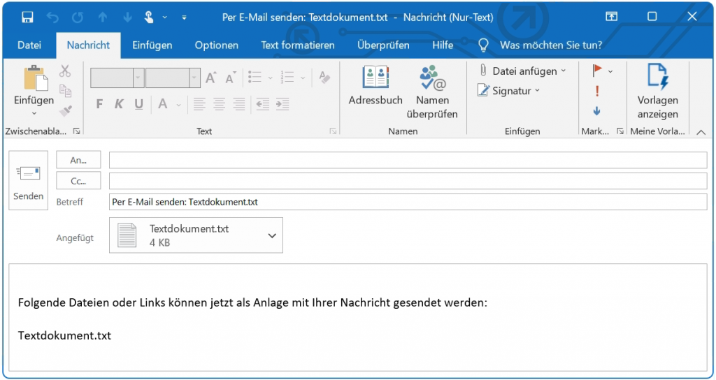 Folgende Dateien oder Links können jetzt als Anlage mit Ihrer Nachricht gesendet werden
