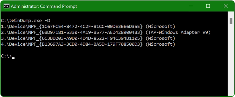 WinDump -D Netzwerkschnittstellen anzeigen