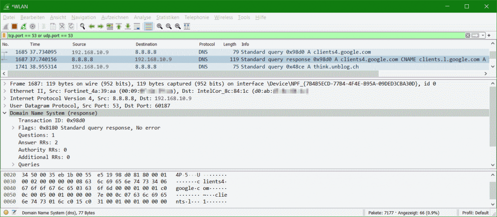 Wireshark provide capturing the DNS name traffic in the network