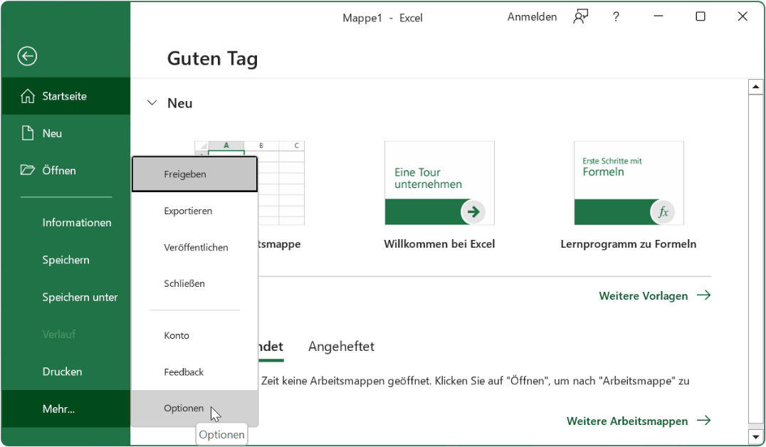 Excel-Datei-Optionen