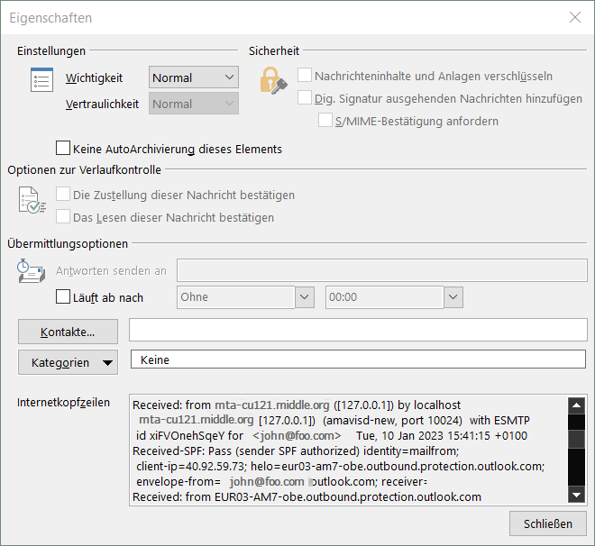 Outlook E-Mail Internetkopfzeilen