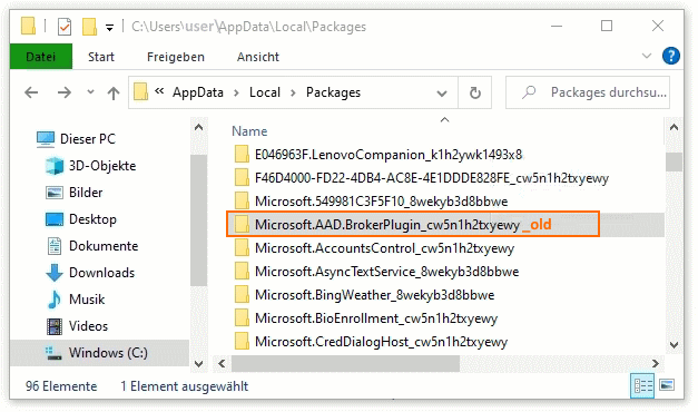 Microsoft Office Problem mit TPM, Microsoft_AAD_BrokerPlugin_cw5n1h2txyewy auf _old umbenennen