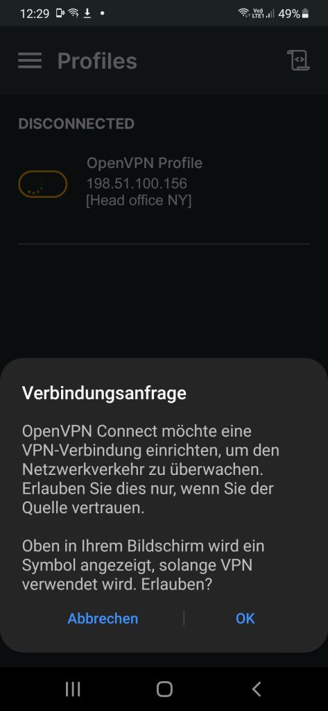 OpenVPN Connect Import Verbindungsanfrage